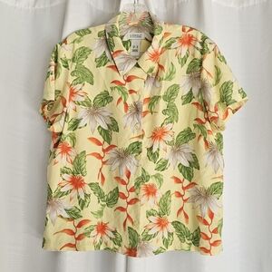 Lizgolf 100% silk Hawaiian print button up short sleeve structured shirt